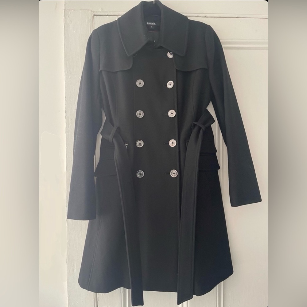 DKNY Black Double Breasted Tie Belt Collared A-Line Wool Peacoat - Picture 3 of 9
